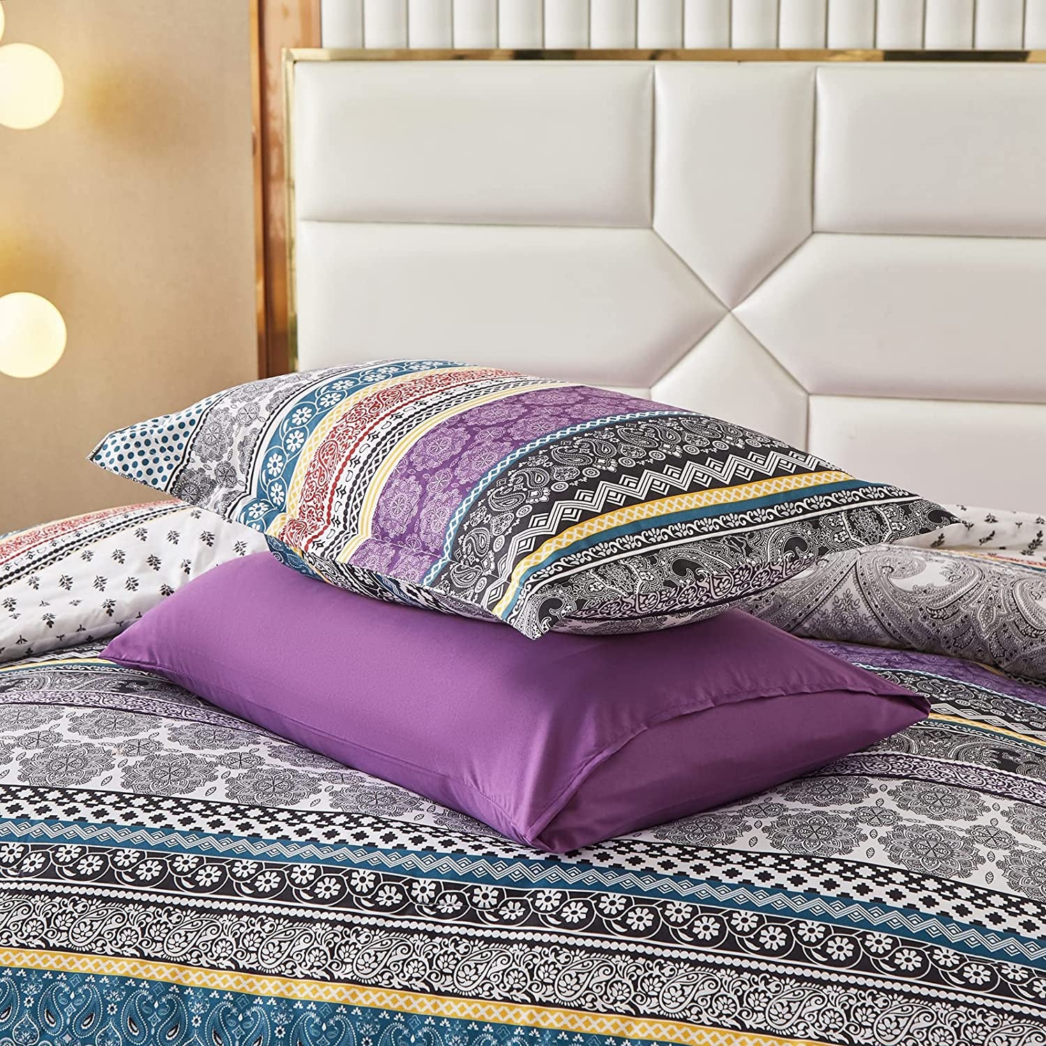 Boho Comforter Set Queen Size,8 Piece Bed in a Bag Bohemian Striped Bedding Quilt Set,Purple Paisley Floral Comforter and Sheet Set,Soft Microfiber Complete Bedding Sets for All Season