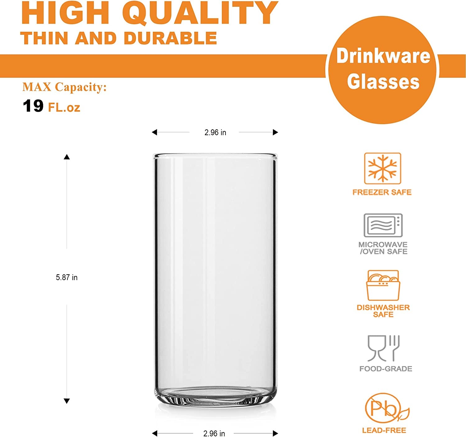 Drinking Glasses 19 Oz, Thin Highball Glasses Set of 4,Clear Tall Glass Cups for Water, Juice, Beer, Drinks, and Cocktails and Mixed Drinks
