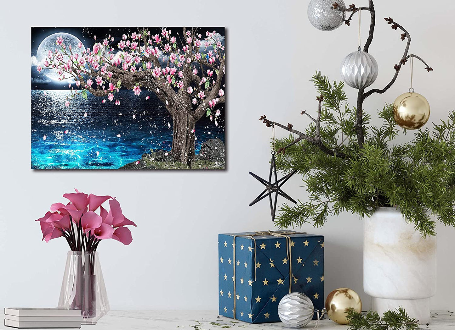 Magnolia Tree Wall-Art - Pink and Blue - Moon Framed Canvas Art Picture 16" X 12"