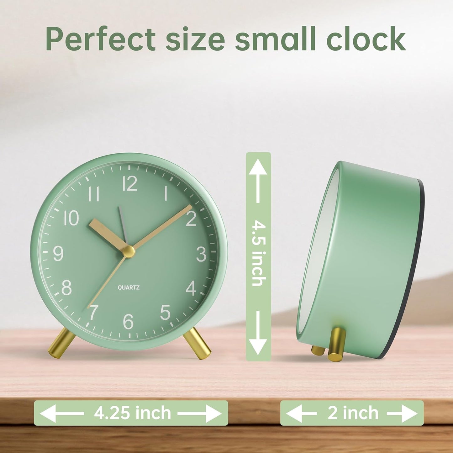 Analog Alarm Clock, 4 Inch Super Silent Non Ticking Small Clock with Night Light, Battery Operated, Simple Design, Easy Setting for Office, Bedroom, Bedside, Desk, Teens, Elders, Kids, Adult, Green