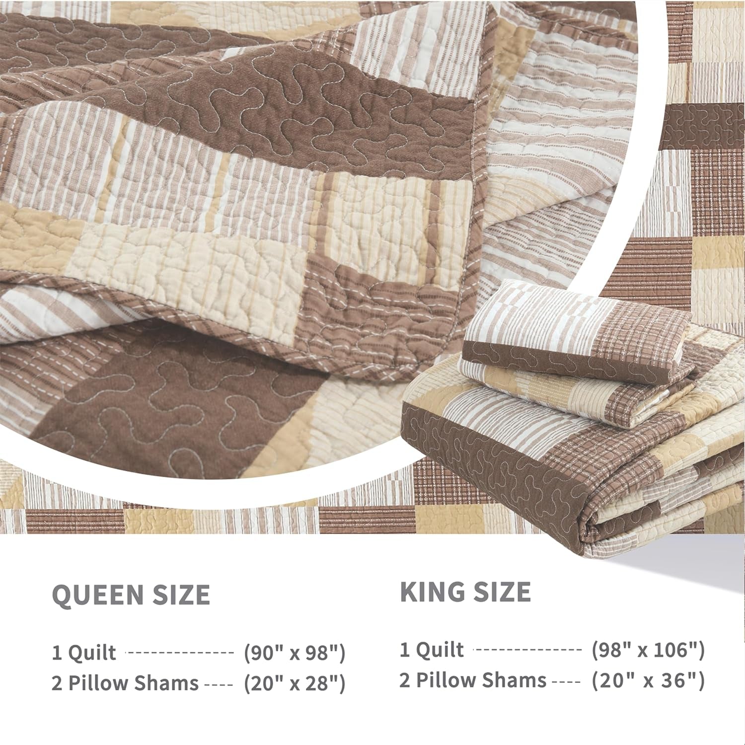 Quilt King Size-100% Cotton Brow Comforter Set King Size,Brown Plaid King Quilt Bedding King,Reversible Lightweight King Comforter Set,Tan White Lightweight Bedding 3 Pc