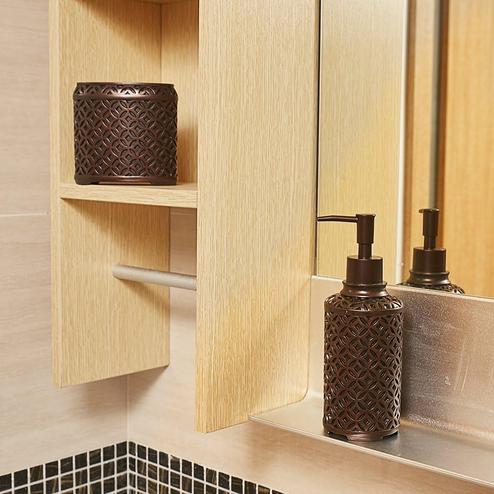 4-Piece Orbs Bathroom Accessories Set - Includes Toothbrush Holder, Tumbler, Soap Dish, Dispenser Pump - Simple Metal Design