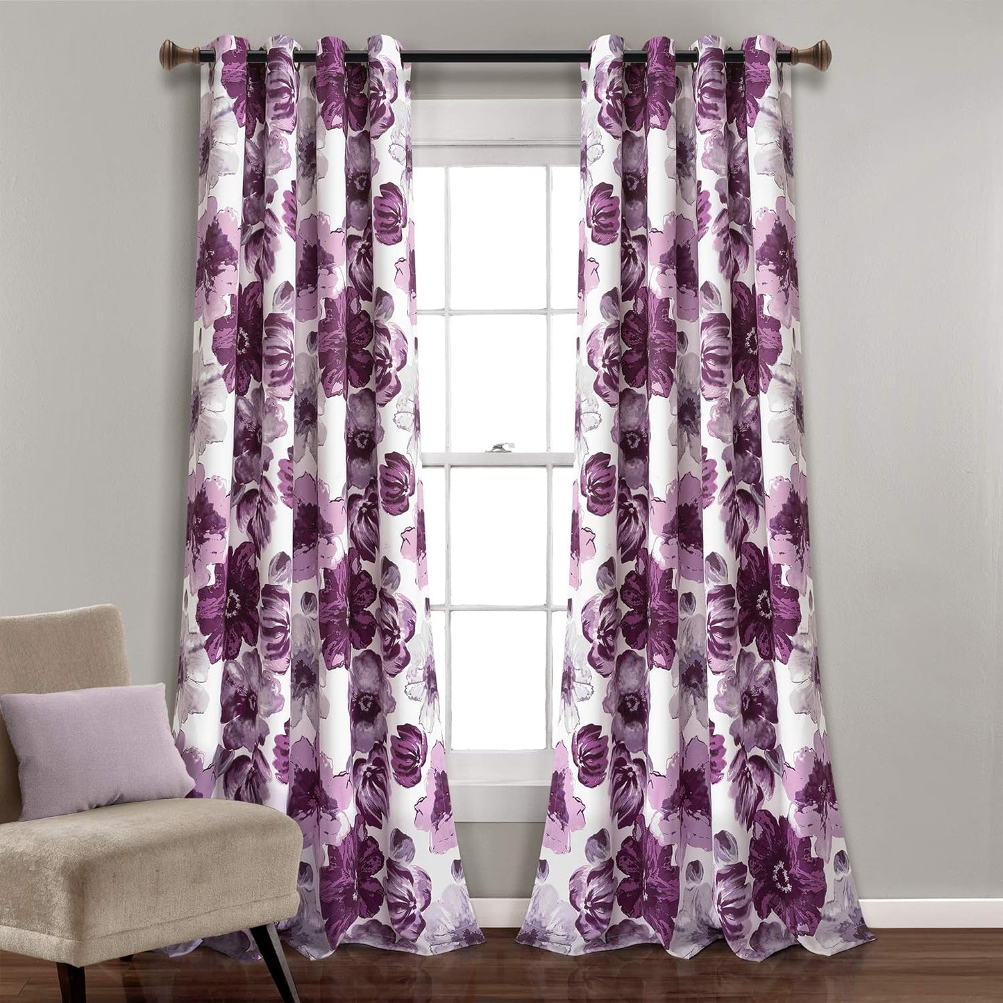 Leah Light Filtering Window Curtain Panel Pair Floral Insulated Grommet, 52"W X 95"L, Purple and Gray