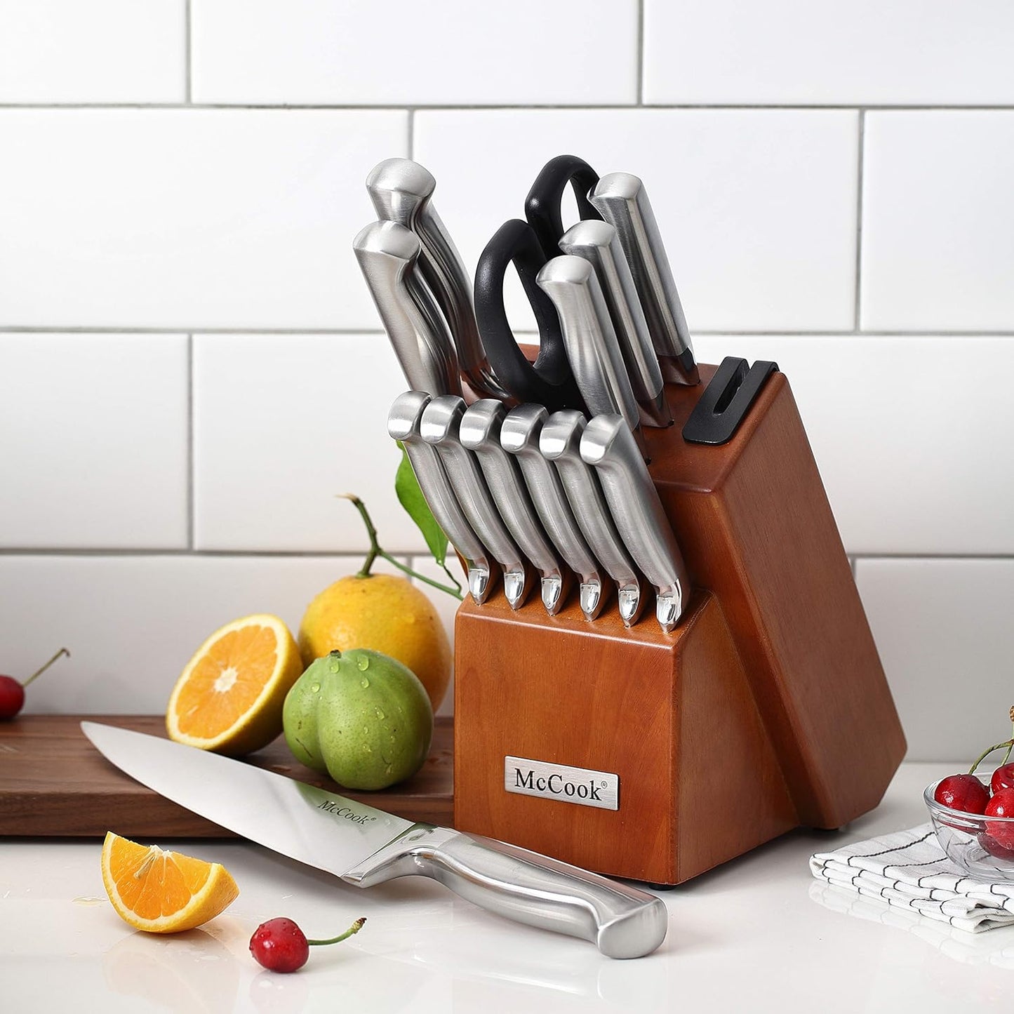 Knife Sets, German Stainless Steel Kitchen Knife Block Sets with Built-In Sharpener
