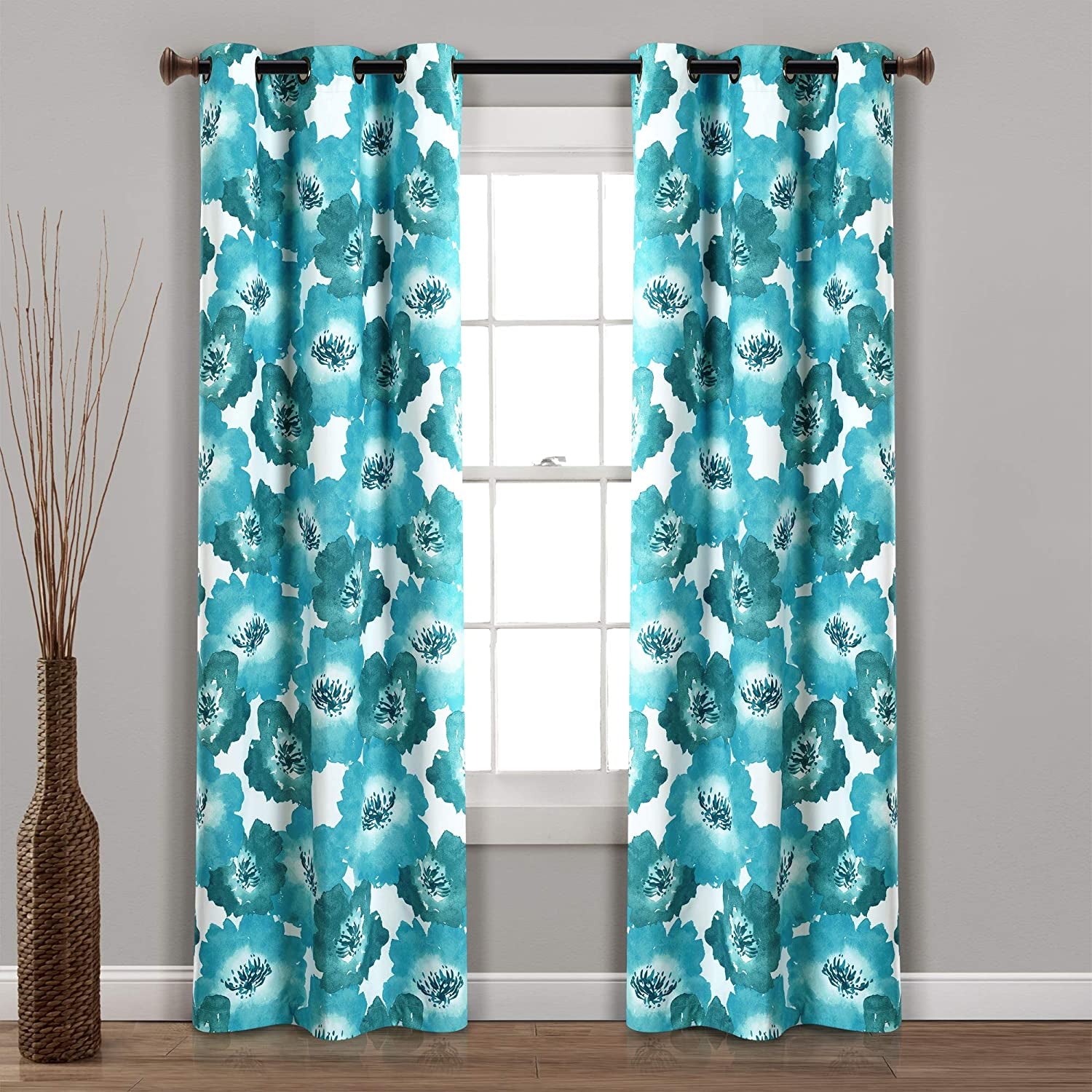 Leah (Julie) Floral Insulated Grommet 100% Blackout Window Curtain Panel Pair, 38" W X 84" L, Blue and Teal