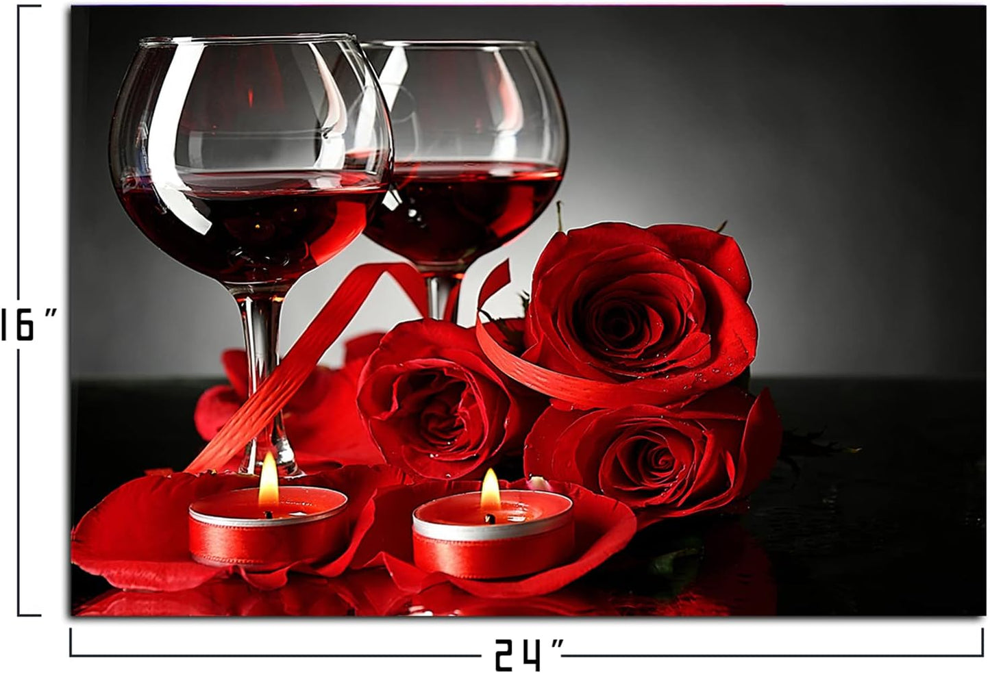 Canvas Print Art of Red Wine Rose and Candle Picture,Framed 16X24 Inches
