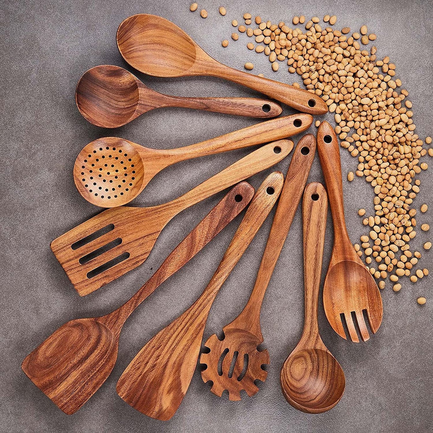 Wooden Kitchen Utensils Set, 9 PCE Natural Teak Wooden Spoons for Non-Stick Pan for Cooking,