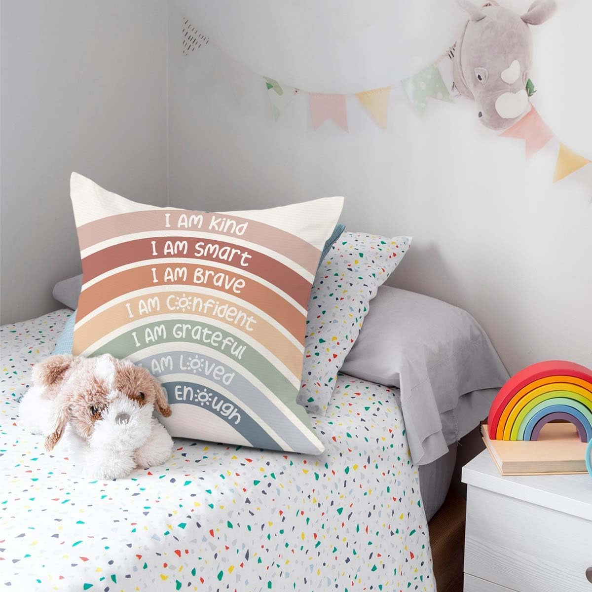 Classroom Reading Corner Boho Rainbow Decor Throw Pillow Covers, Book Center Calming Corner Home Bedroom Playroom Decor Pillow Case, 18X18 Inch Pillowcase