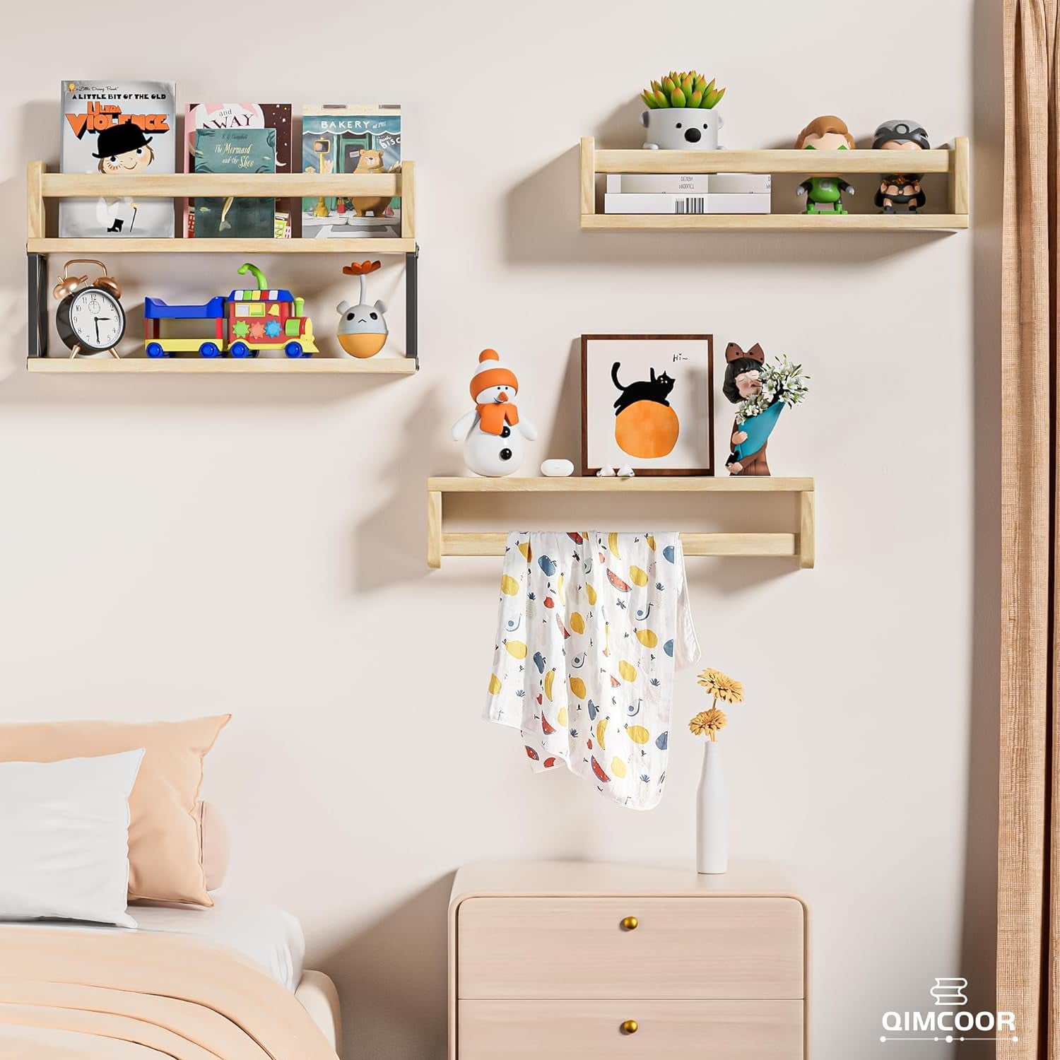 Nursery Book Shelves Set of 4+1, 16.5Inch Floating Wall Bookshelf for Kids Room, Natural Solid Wood Book Shelf for Baby Nursery Room, Wall Shelves for Bedroom Decor, Toy Storage Shelves