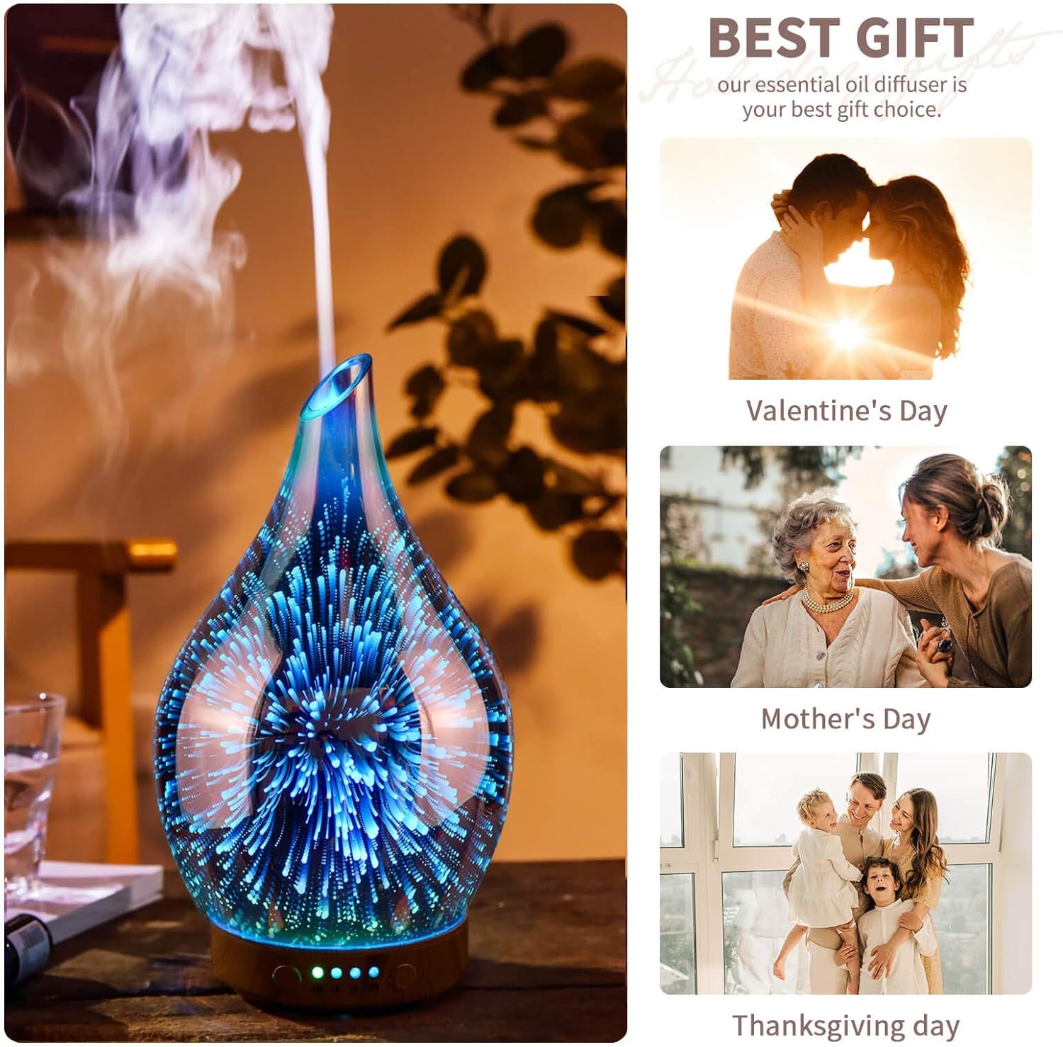 Oil Diffuser 3D Glass Aromatherapy Ultrasonic Humidifier, Air Refresh Auto Shut-Off, Timer Setting, BPA Free for Home Hotel Yoga Leisure SPA Gift 100Ml Last 4H