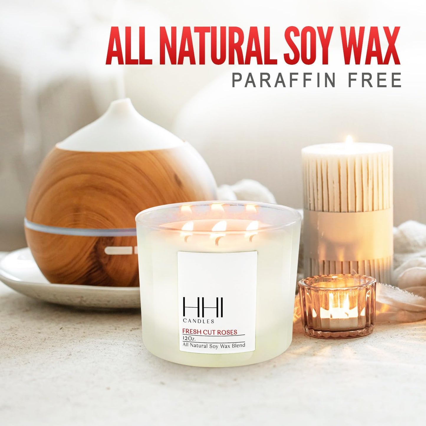 Organic Soy Wax Candle | Luxury & Unique Large Candles for Home Scented | Burning Rose Scented Candles Gifts for Women | Long Lasting Romantic Soy Candles | 12 Ounce 3 Wick Candles