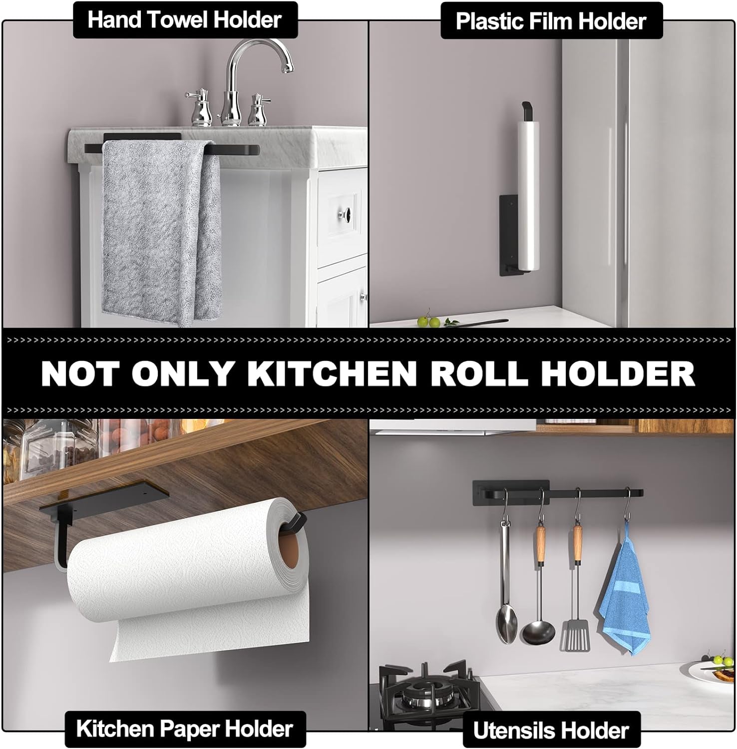 Paper Towel Holder - Self-Adhesive or Drilling, Matte Black Paper Towel Rack under Cabinet for Kitchen, Upgraded Aluminum Kitchen Roll Holder - Lighter but Stronger than Stainless Steel!