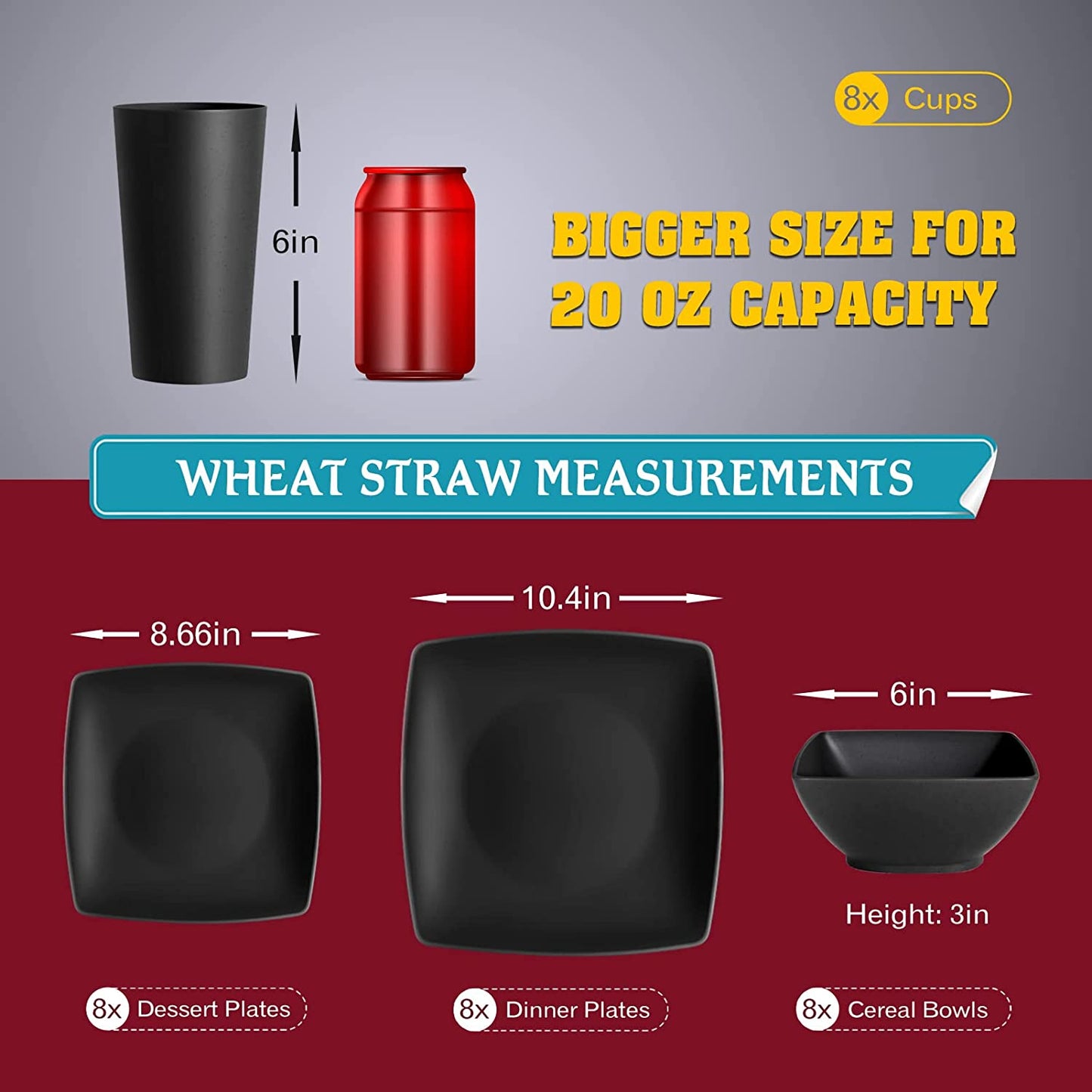 32-Piece Plastic Wheat Straw Square Dinnerware Set for 8, Unbreakable Dinner Plates, Salad Plates, Snack Bowls, Tumblers 20 Oz, Dishwasher Safe, Black