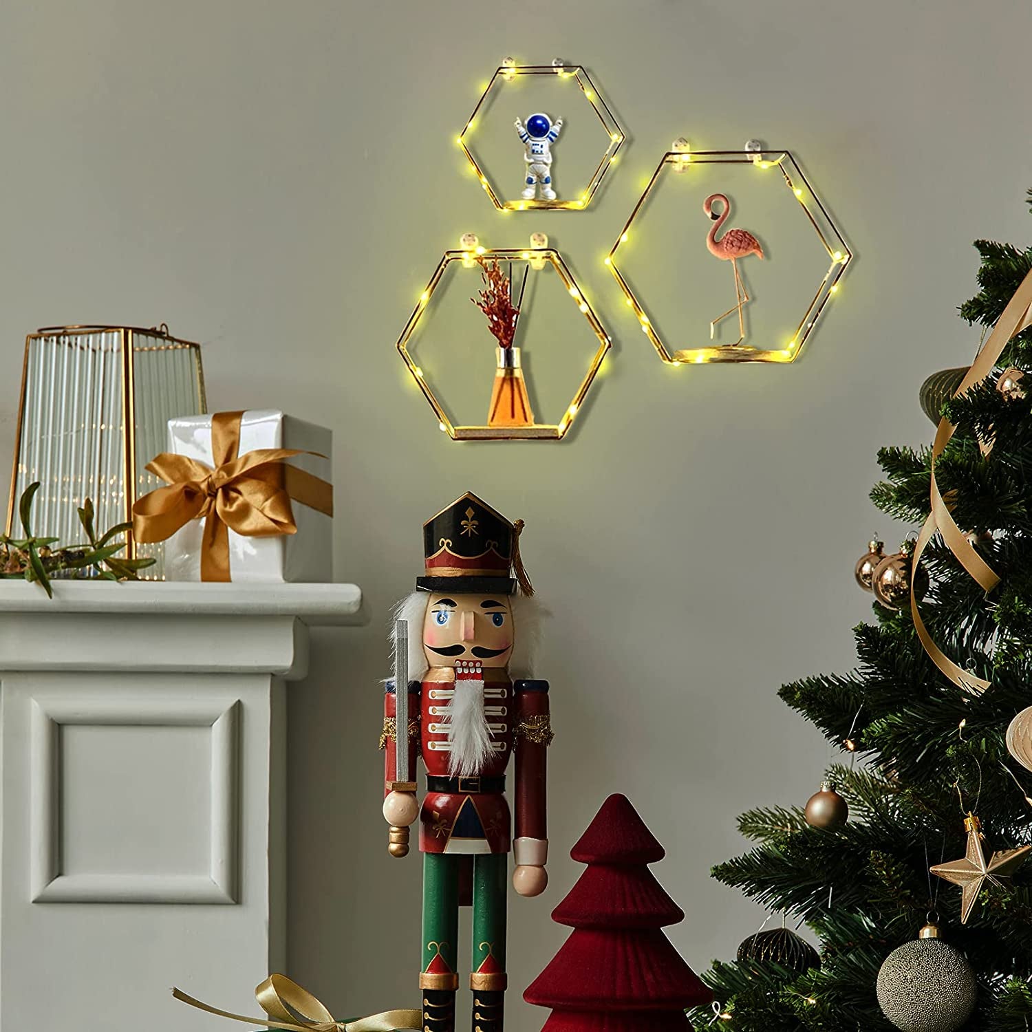  Hexagon Floating Shelves Wall Decor, Gold Metal Wire and Wood Set of 3 with LED Lights
