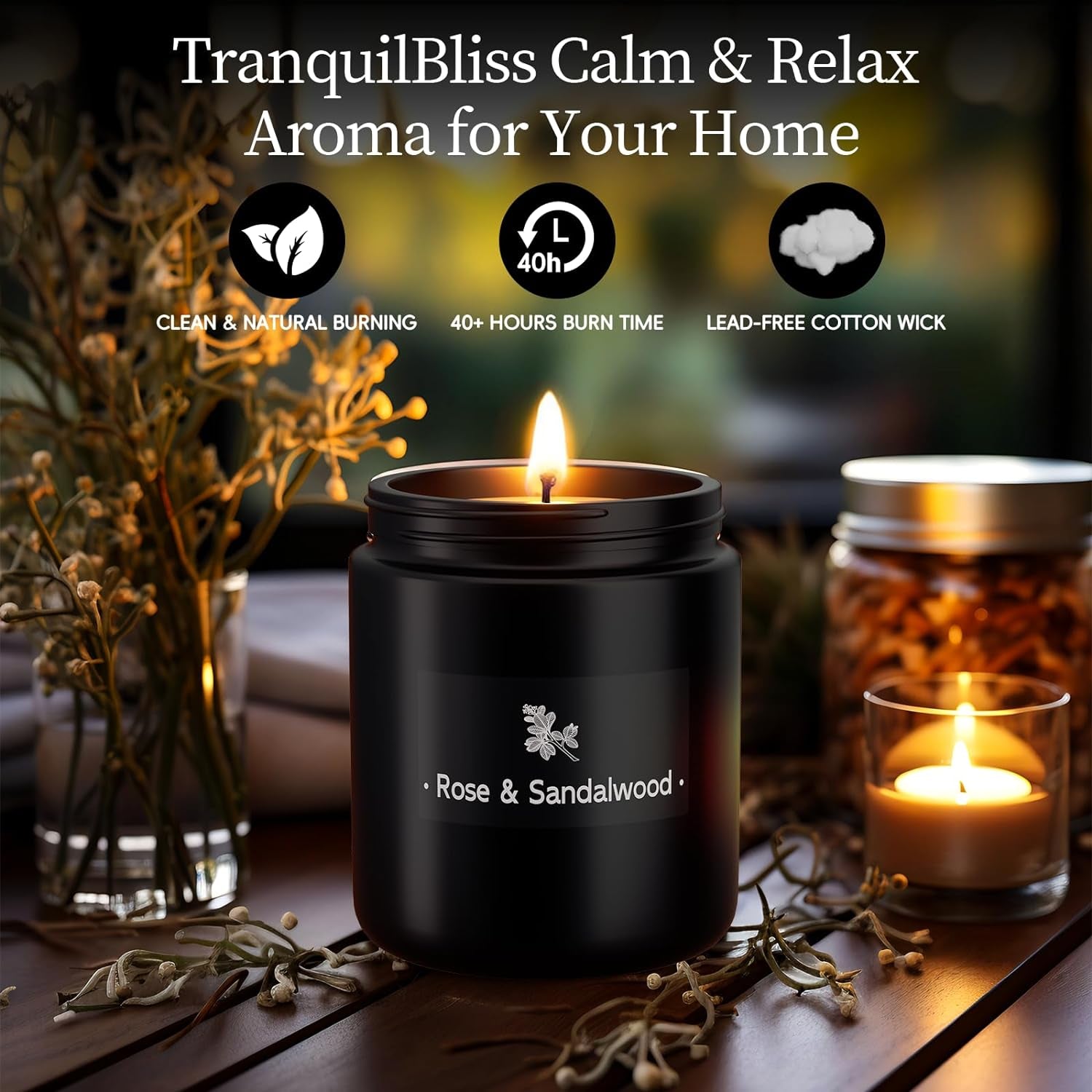 Scented Candles for Home Scented, Strong Fragranced Aromatherapy Candle - 7.6 Oz, 100% Soy Wax - Christmas Candles Scented for Men & Women in Black Jar, Rose & Sandalwood
