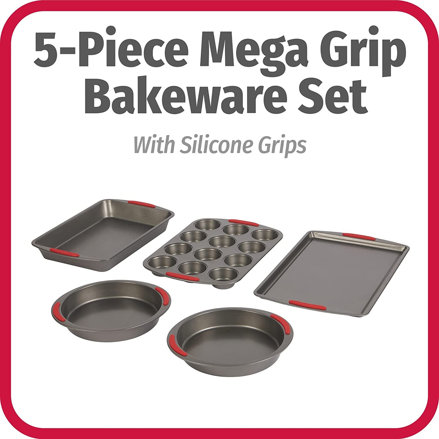 Mega Grip 5-Piece Nonstick Steel Bakeware Set with Cookie Sheet, Roast Pan, 2 Cake Pans, and Muffin Pan, Gray (4251)