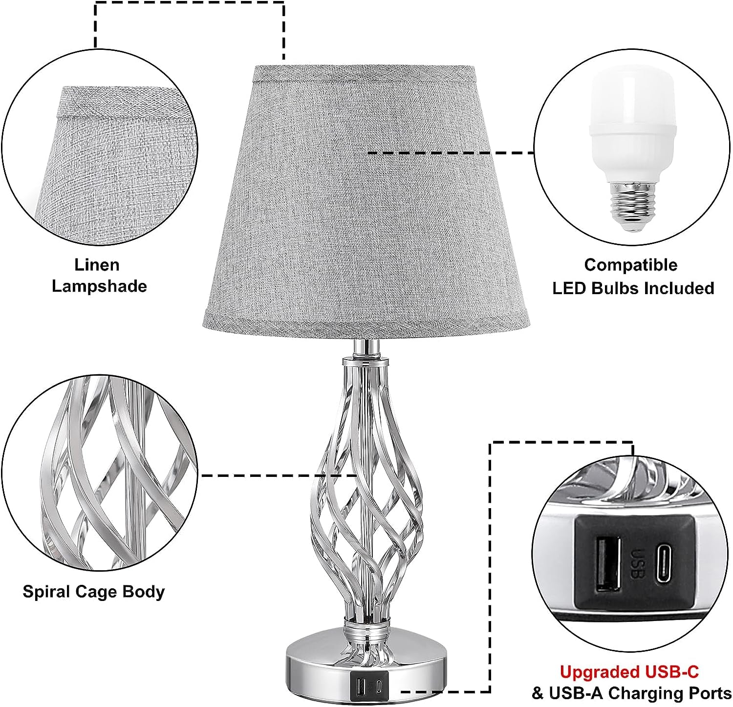 Touch Table Lamps Set of 2, with USB Ports, Bedside Lamps with Spiral Cage Base Design