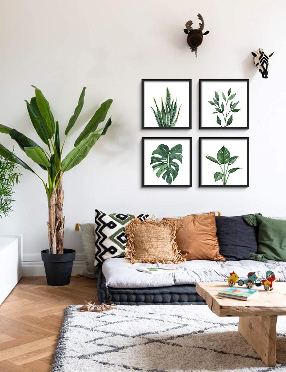 4 Panels Black Wood Frame Set/ Green Leaf Tropical Plant  