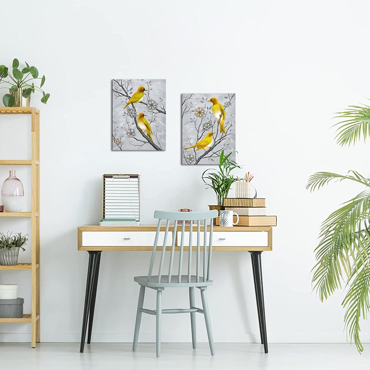 2 Piece Bird Wall Art Sets Yellow and Grey Painting Ready to Hang