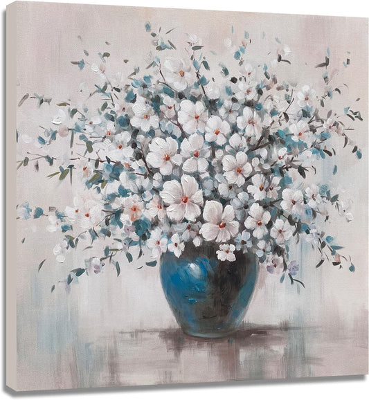 Flower Canvas Wall Art for Living Room Beige Blossom in Blue Vase Ready to Hang