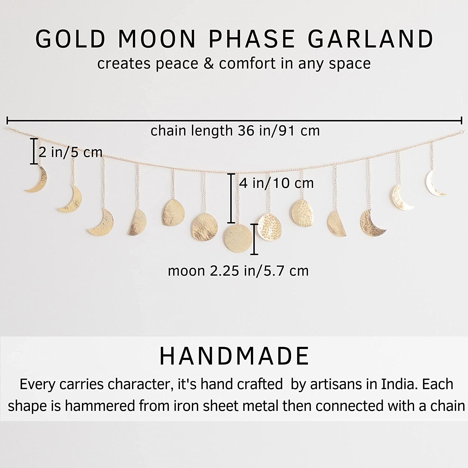 Moon Phase Wall Hanging, Gold Metal 13 Moons 36" Garland