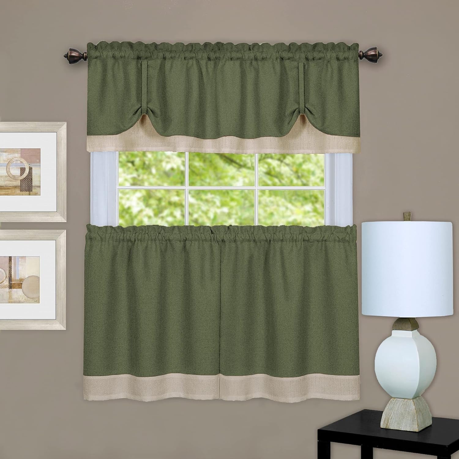 Darcy (Green/Camel) Tier and Valance Window Curtain Set - 58 Inch Width, 36 Inch Length - Light Filtering Drapes for Kitchen, Bedroom, Living & Dining Room by Achim Home Decor