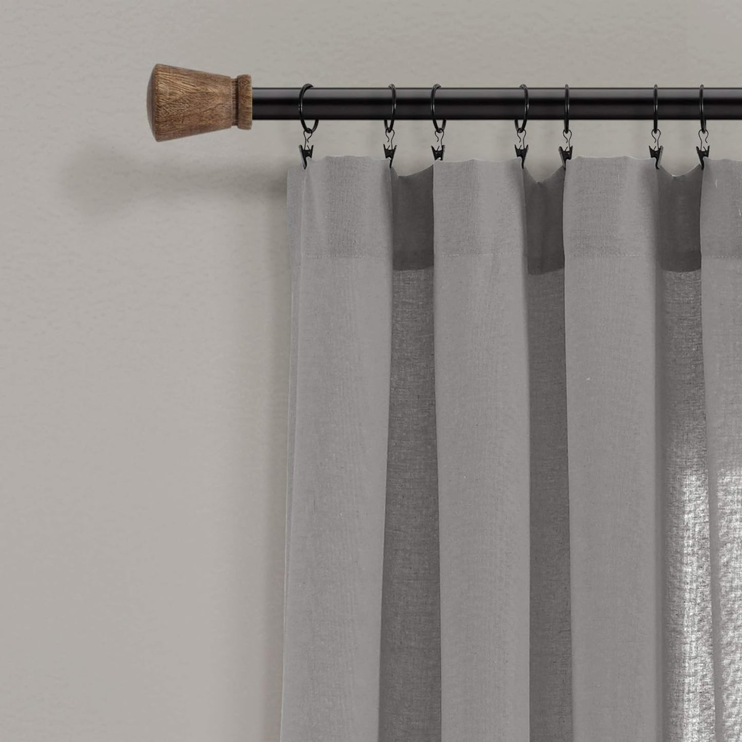 Linen Button Farmhouse Curtains, Single Panel, Pleated Two Tone Design 40"W X 95"L, Dark Gray & Off-White