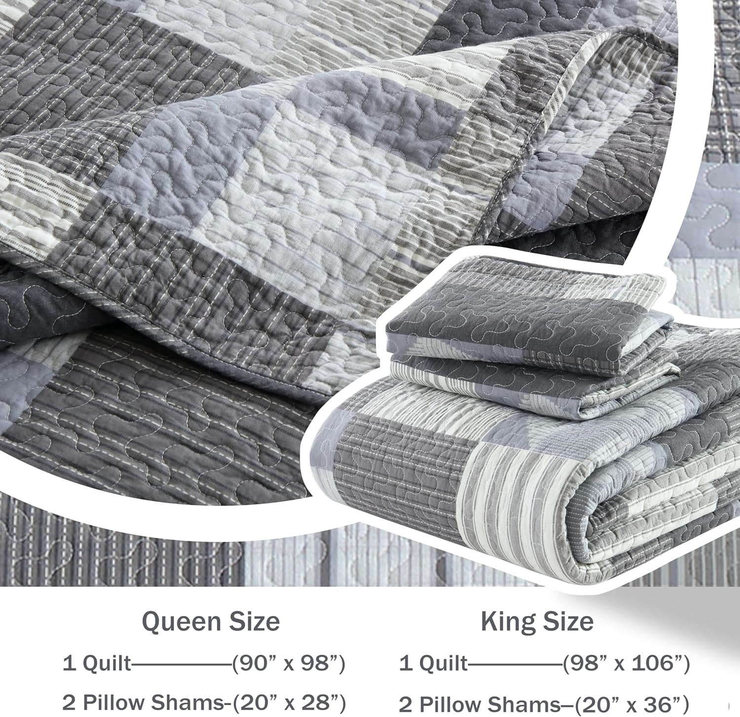 Queen Quilt Bedding Set, Grey Cotton Quilt Plaid Bedding Set, Gray Striped Quilts Queen Size,Country Quilted Bedspread Set, Lightweight Breathable Comforter Set All-Season