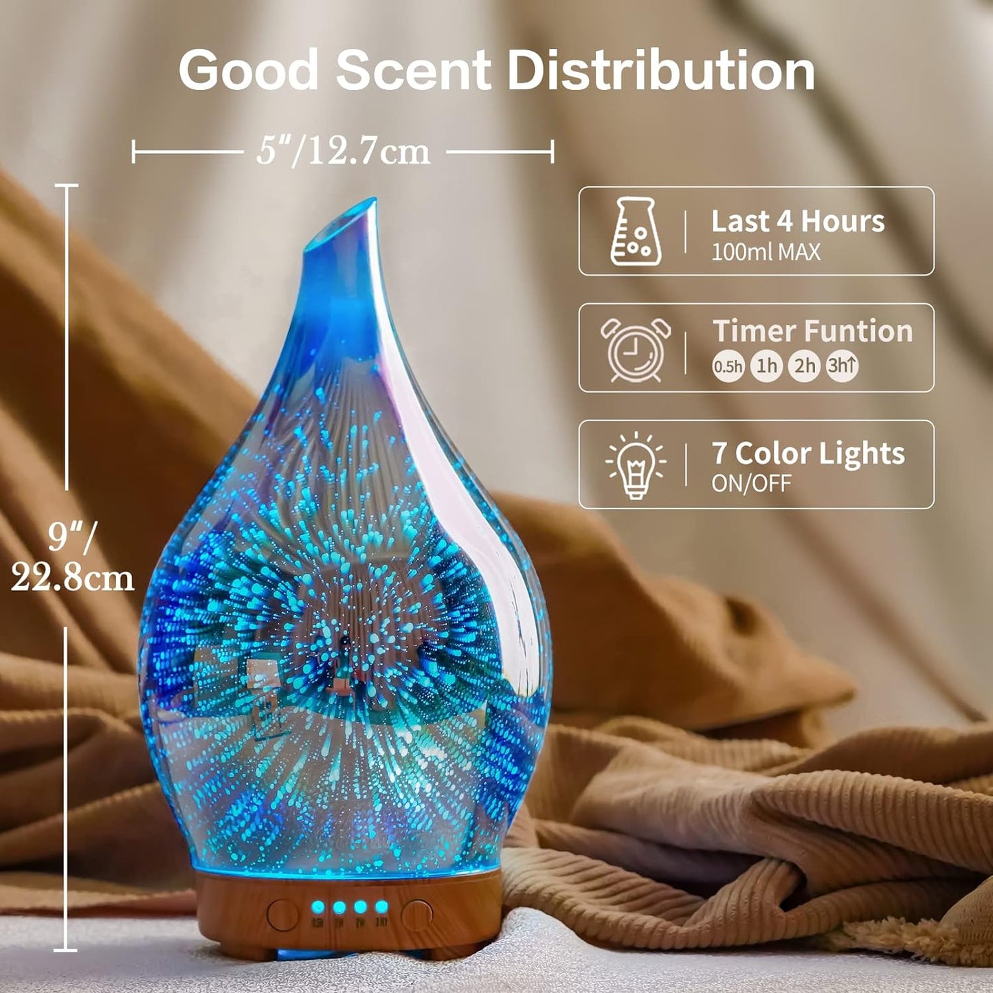 Oil Diffuser 3D Glass Aromatherapy Ultrasonic Humidifier, Air Refresh Auto Shut-Off, Timer Setting, BPA Free for Home Hotel Yoga Leisure SPA Gift 100Ml Last 4H