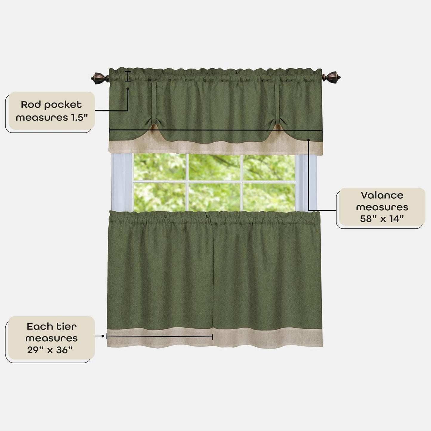 Darcy (Green/Camel) Tier and Valance Window Curtain Set - 58 Inch Width, 36 Inch Length - Light Filtering Drapes for Kitchen, Bedroom, Living & Dining Room by Achim Home Decor