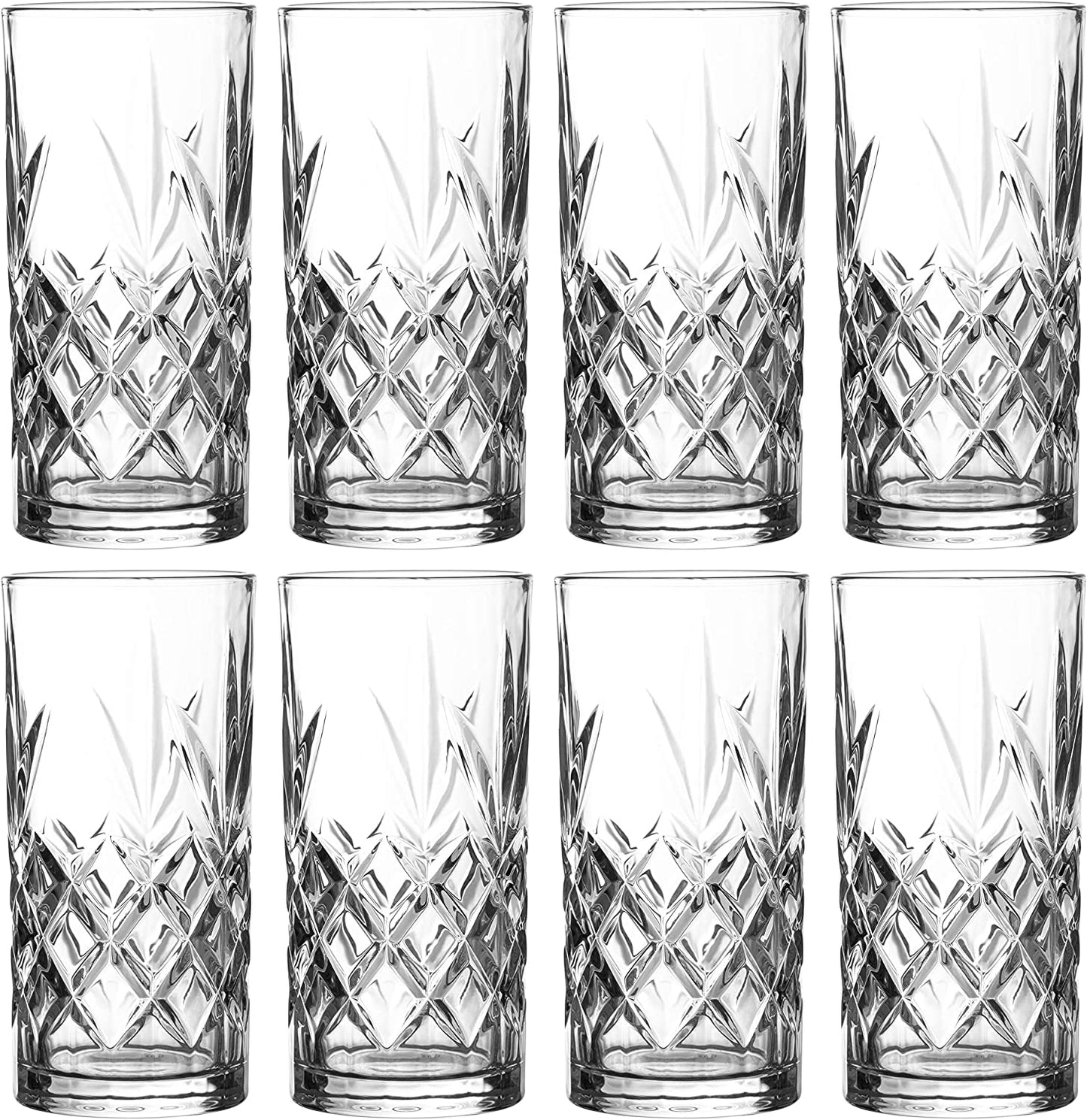 Kinsley Tall Highball Glasses Set of 8, 12 Ounce Cups, Textured Designer Glassware for Drinking Water, Beer, or Soda, Trendy and Elegant Dishware, Dishwasher Safe (Hiball)