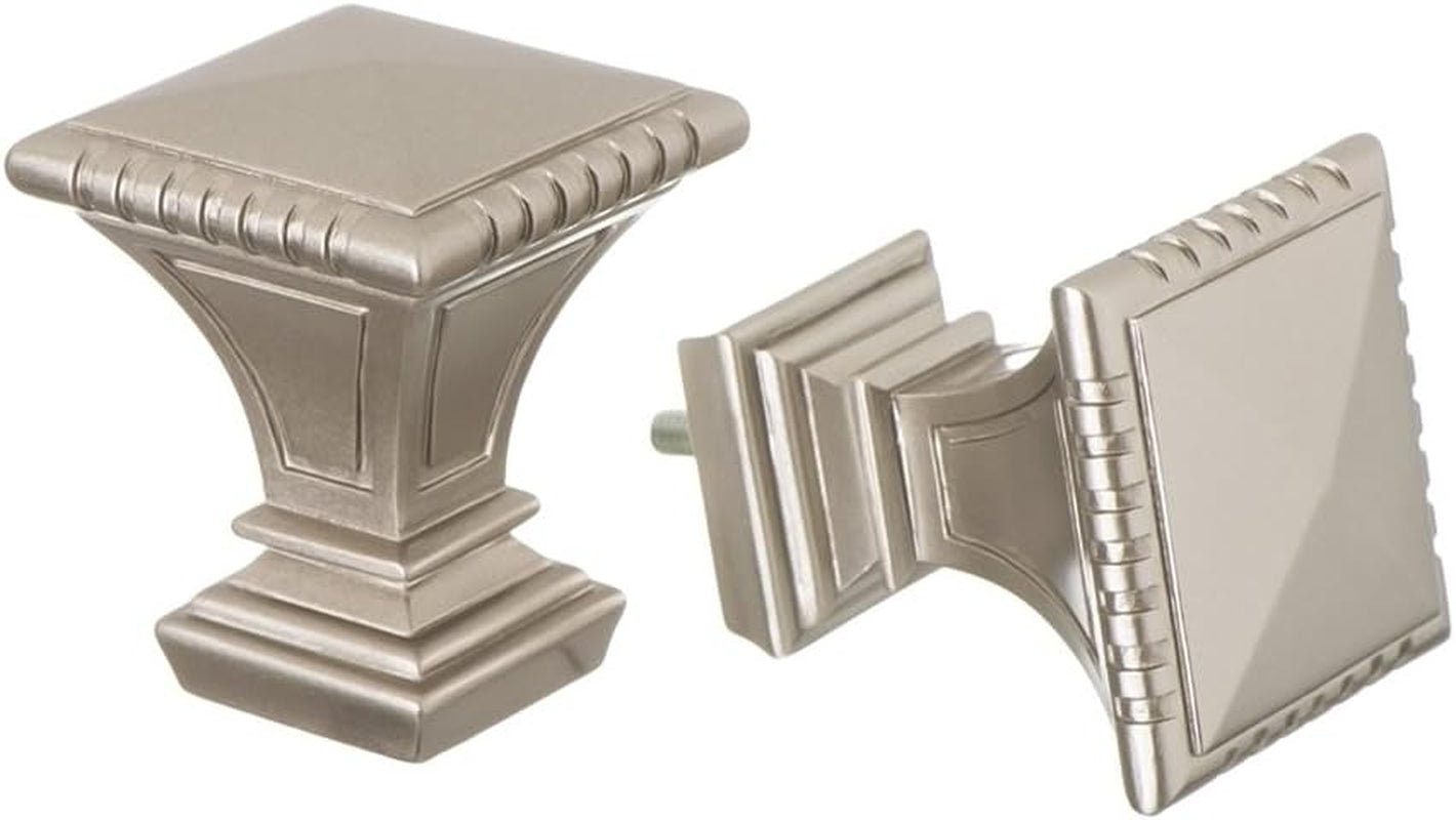Decorative Window Curtain Rod - Carved Square Finials, 1 1/8 in Rod, 28 to 48 In. Satin Nickel