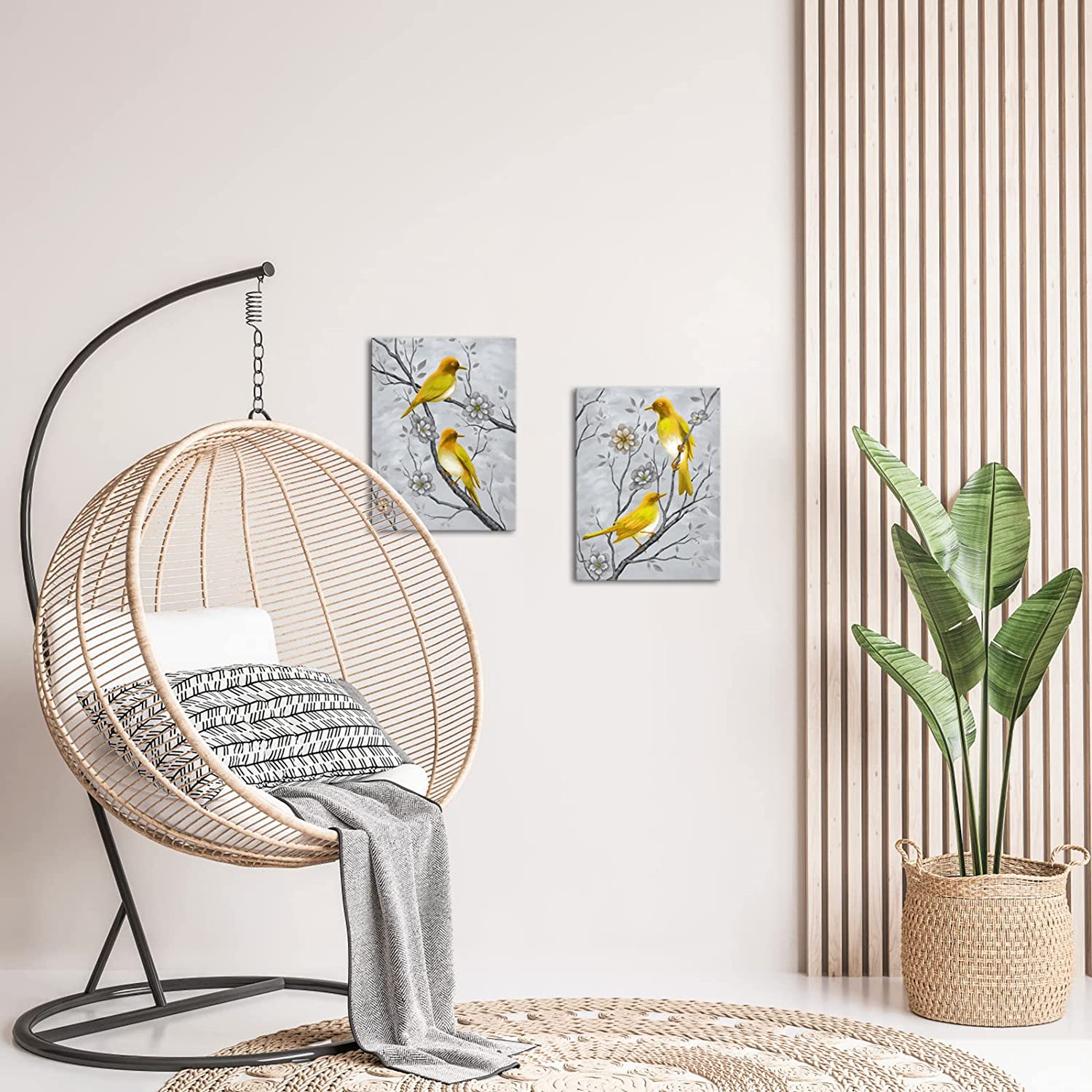 2 Piece Bird Wall Art Sets Yellow and Grey Painting Ready to Hang