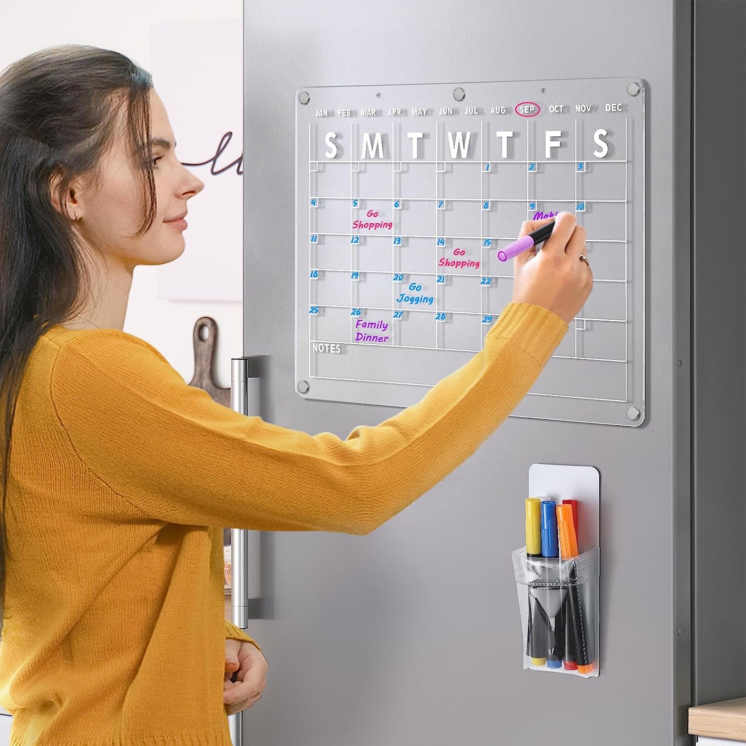 Acrylic Magnetic Dry Erase Board Calendar for Fridge, 16.5"X12" Inch Clear Dry Erase Calendar for Refrigerator, Magnetic Planning Calendar Includes 6 Colors Dry Erase Markers and Magnetic Pen Holder