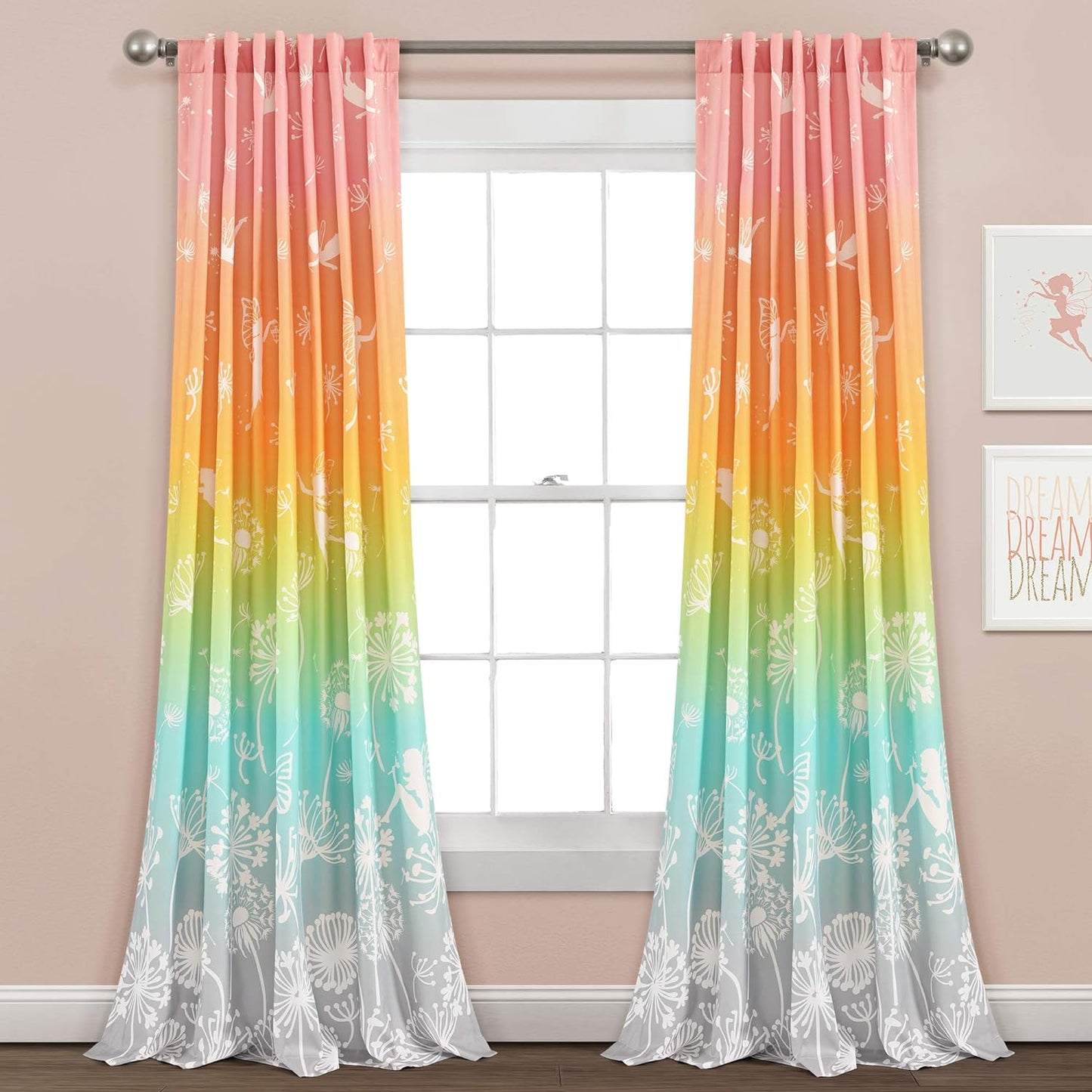 Dandelion Fairy Ombre Window Curtain Panel, Pair, 52"W X 84"L, Pastel Rainbow - Whimsical Floral Fantasy Curtains for Kids Room