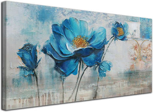 Wall Art Florals Flowers Textured Canvas Picture Blue Elegant Plants 40"X20"