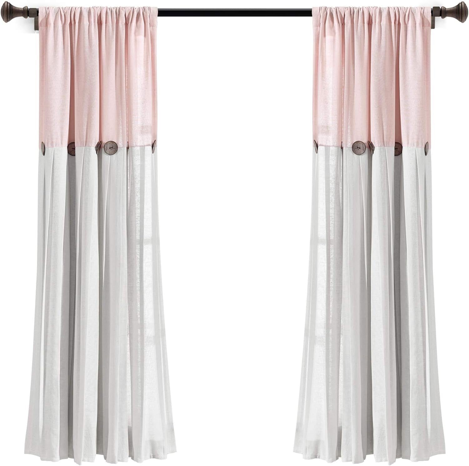 Linen Button Farmhouse Curtains, Single Panel, Pleated Two Tone Design 40"W X 63"L, Blush & Off-White