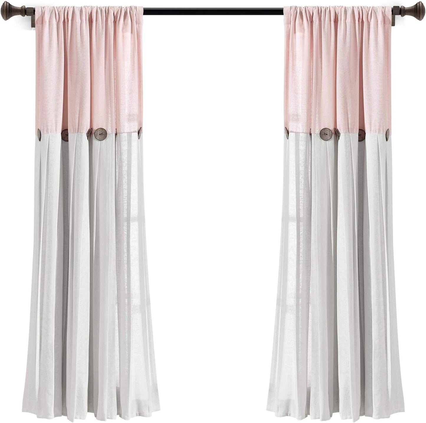 Linen Button Farmhouse Curtains, Single Panel, Pleated Two Tone Design 40"W X 63"L, Blush & Off-White