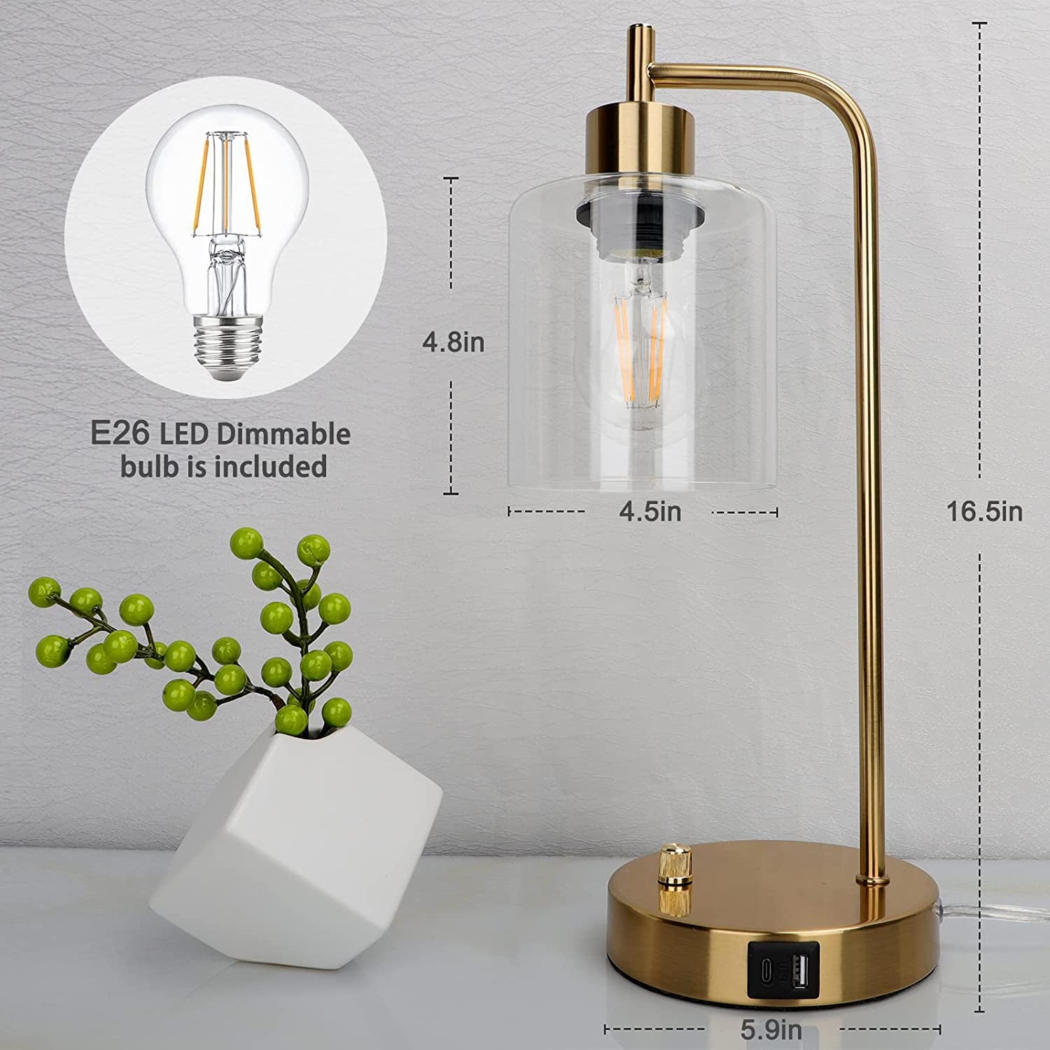 Gold Industrial Table Lamp with 2 USB Ports,with E26 Bulb