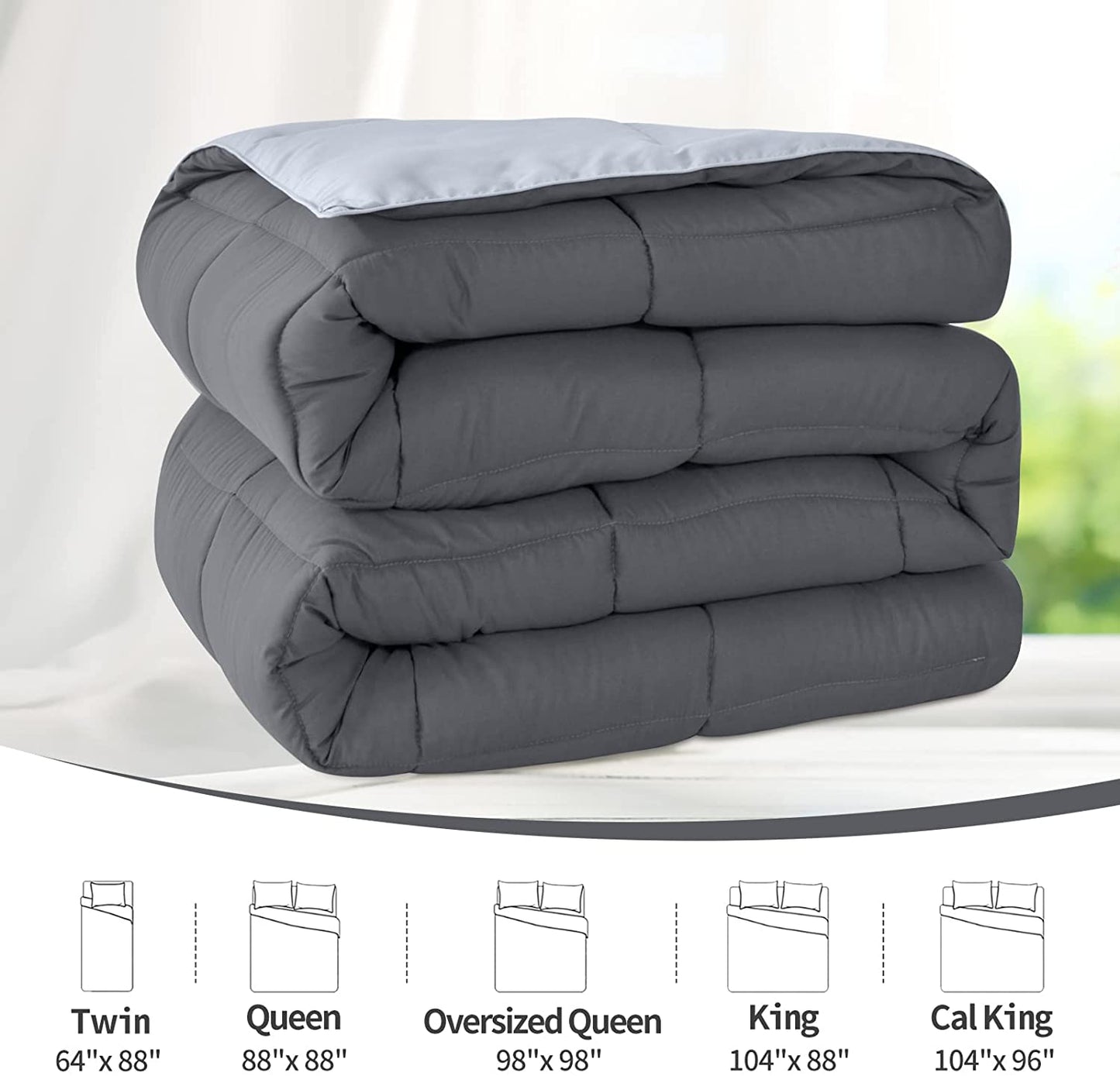 Lightweight Queen Comforter - Grey down Alternative Bedding Comforters Queen Size, All Season Duvet Insert Quilted Reversible Bed Comforter Soft Queen Full Size Dark Gray/Light Grey