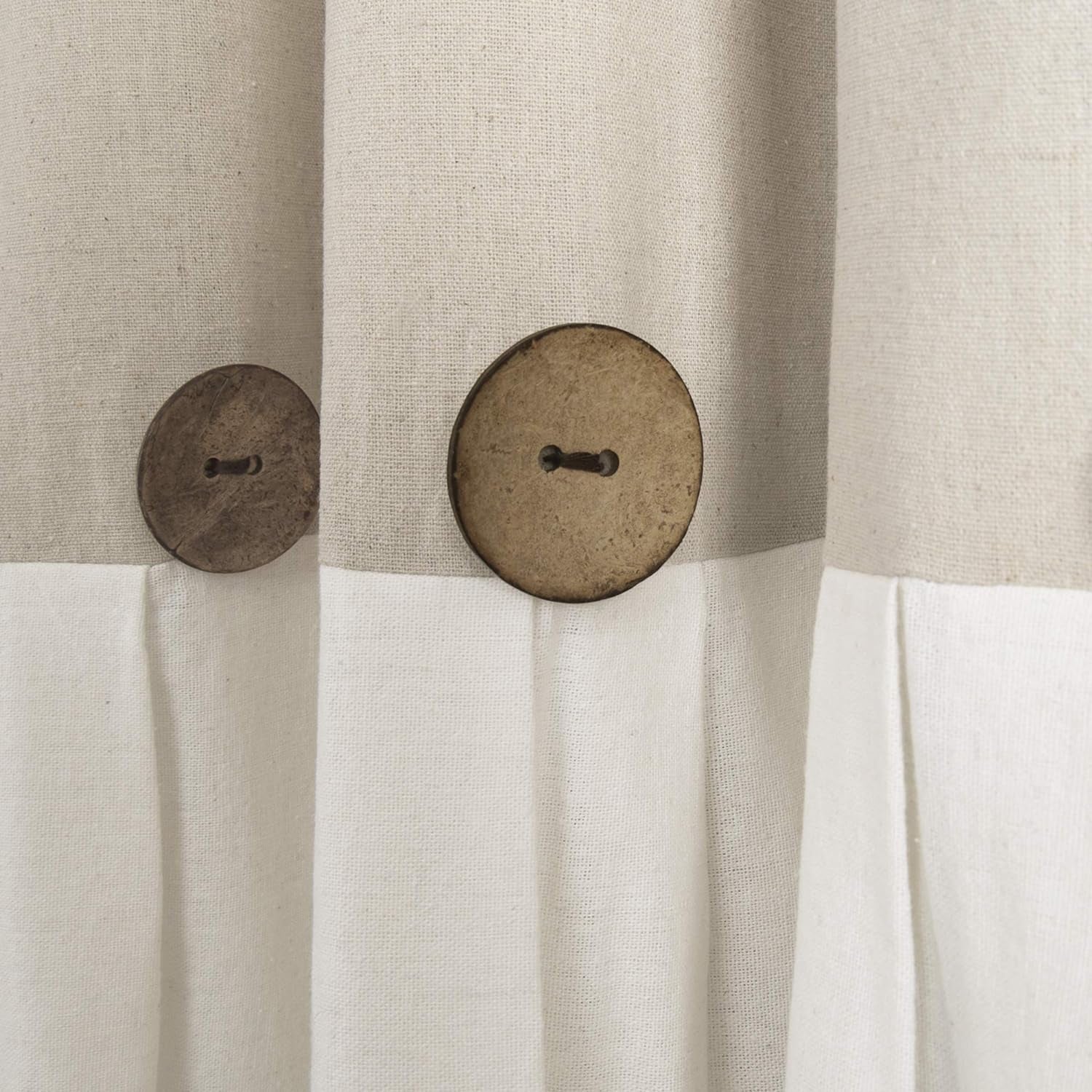 Linen Button Farmhouse Curtains, Single Panel, Pleated Two Tone Design 40"W X 95"L, Linen