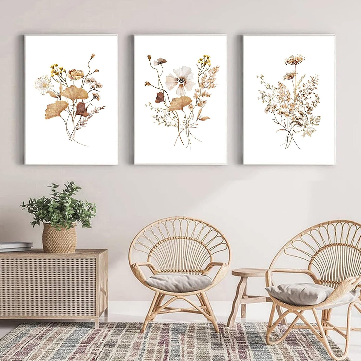 Watercolor Botanical Wall Art Vintage Floral Art Prints Wildflowers 16X24X3 Inch Set of 3 Unframed