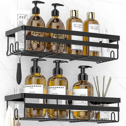 Shower Caddy Shelf Organizer, 2 Pack Adhesive Black Bathroom Accessories, save Space with Hooks, Toiletries Organization and Storage Stainless No Drilling Shower Shelves