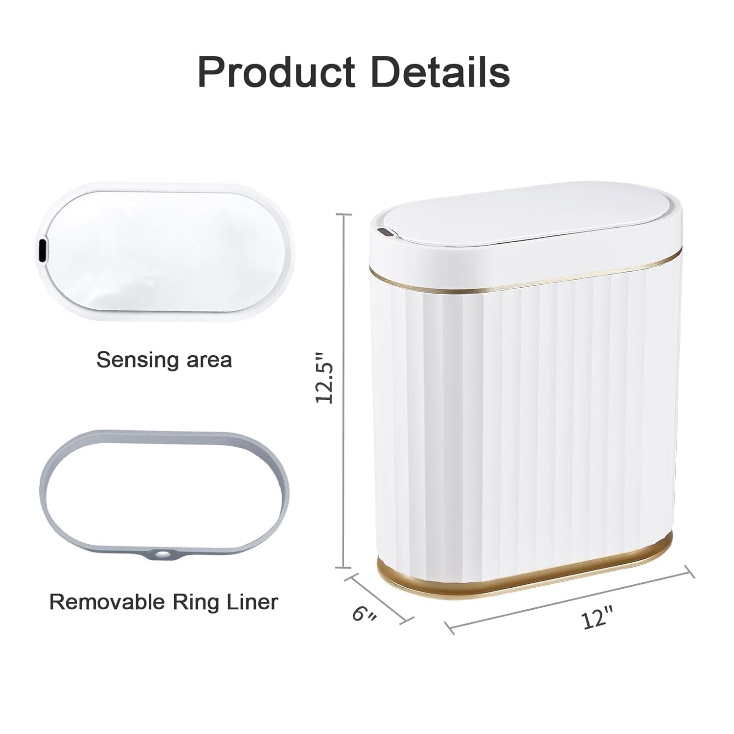 Bathroom Trash Can with Lid Waterproof Automatic Trash Can, 2 Gallon Slimline Smart Trash Can, 9 L Narrow Motion Sensor Trash Can for Bedroom, Bathroom, Kitchen, Office, White with Gold Trim