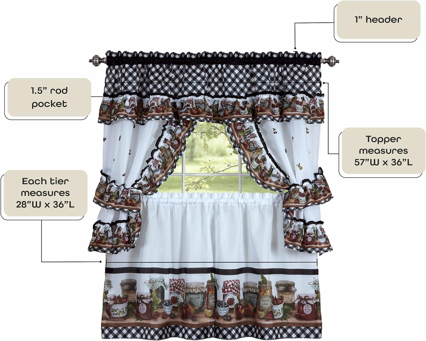 Printed Cottage Tier and Swag Window Curtain Set - 57 Inch Width, 36 Inch Length - Mason Jars - Light Filtering Drapes for Kitchen, Living & Dining Room by Achim Home Decor