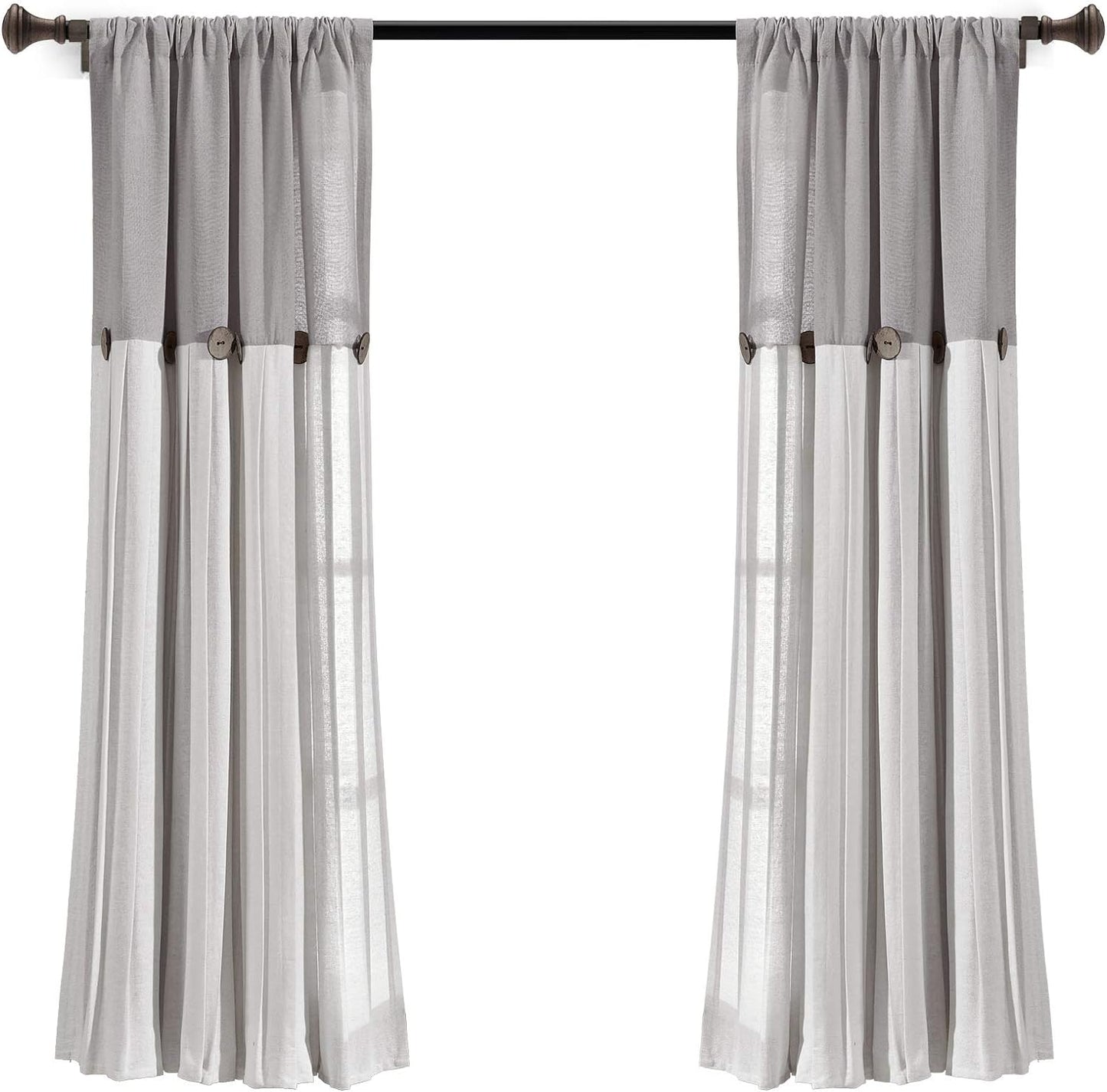 Linen Button Farmhouse Curtains, Single Panel, Pleated Two Tone Design 40"W X 63"L, Gray & Off-White