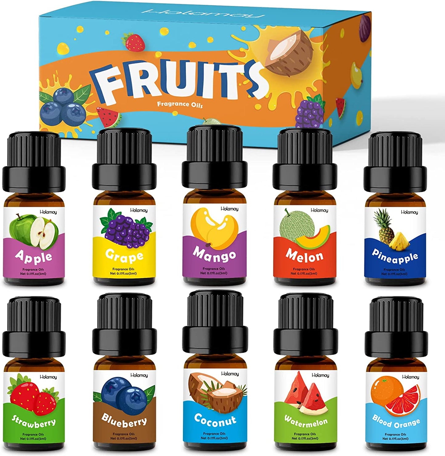 Fruity Fragrance Oil for Candle & Soap Making,  Premium Essential Oils 5Ml X 10 - Coconut, Strawberry, Mango, Pineapple, Summer Aromatherapy Diffuser Oils Set