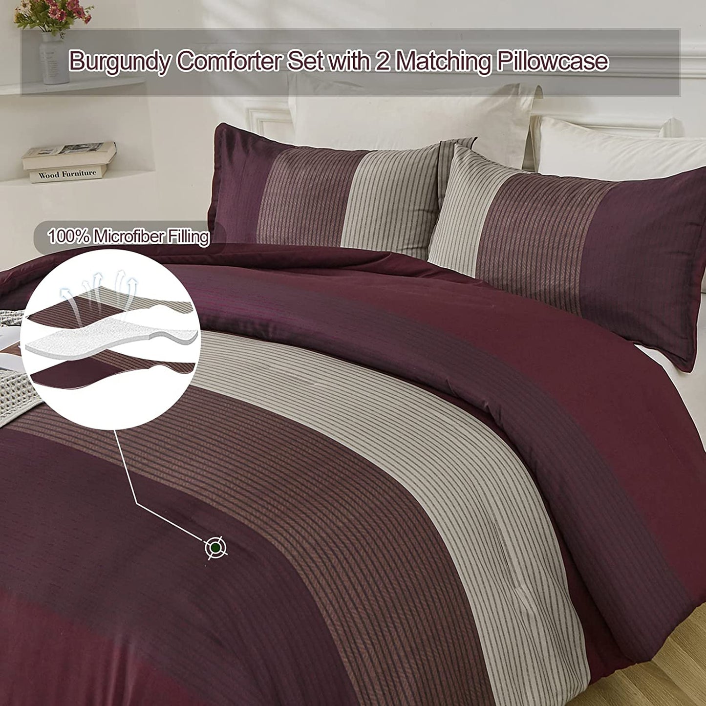 Burgundy Comforter Set Queen, Reversible Burgundy Stripe down Alternative Comforter for All Season,3 Pieces(1 Comforter+2 Pillowcases), Soft Microfiber Bedding Duvet Set 90”×90”