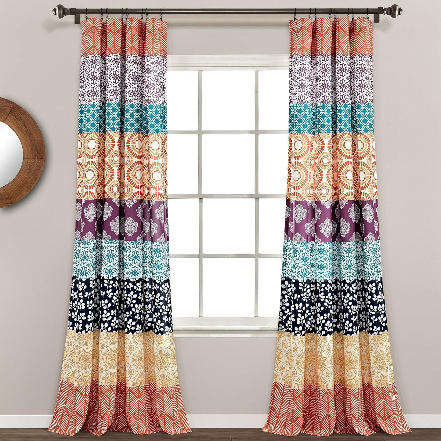 Bohemian Stripe Window Curtain Colorful Bold Design Panel Pair, 52"W X 84"L, Fuchsia & Orange