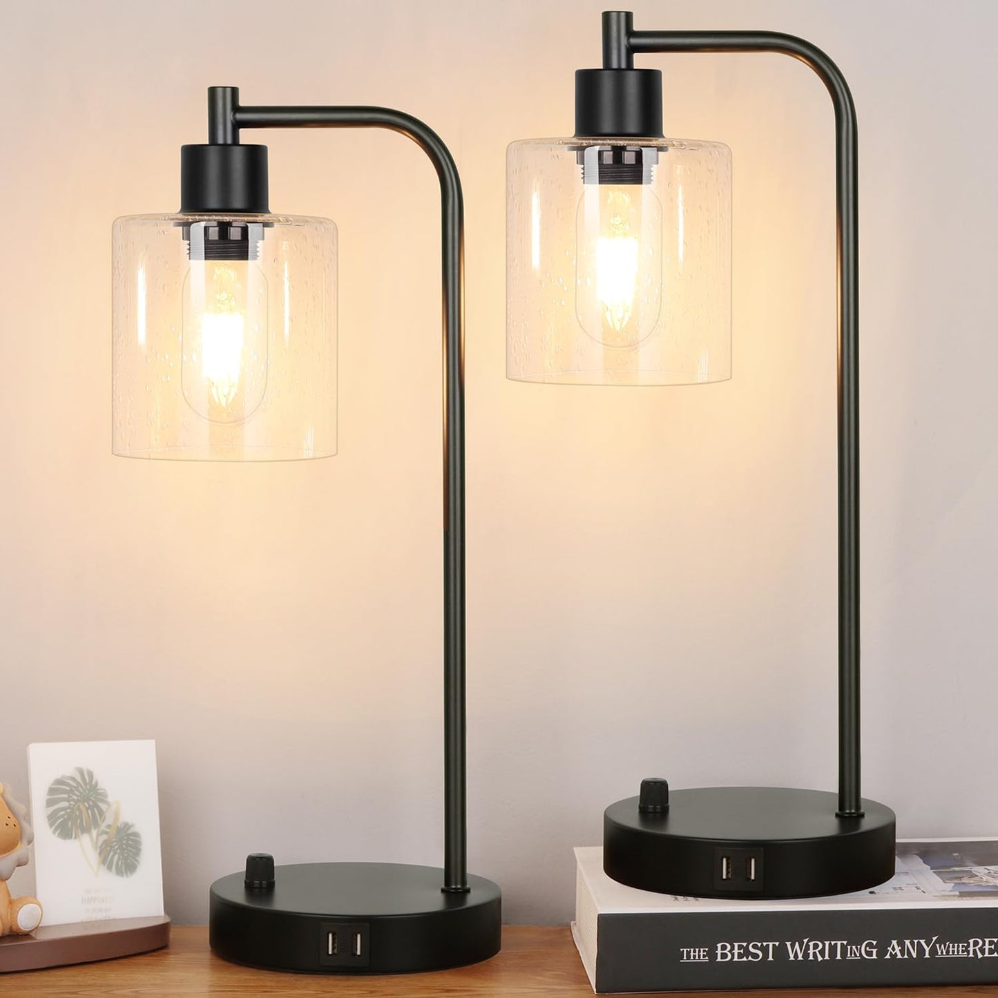Set of 2 Industrial Table Lamps with 2 USB Port, Fully Stepless Dimmable Lamps 2 LED Bulb Included